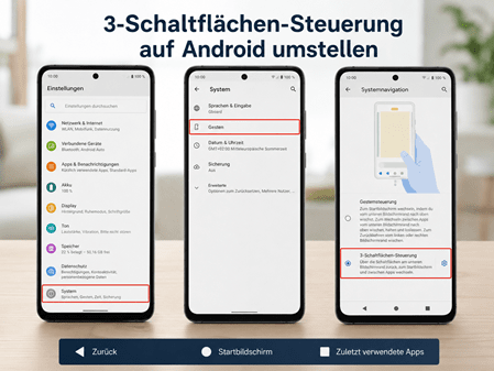 Illustration zur Android-Systemnavigation: Drei Smartphones zeigen den Wechsel von der Gestensteuerung zur klassischen 3-Schaltflächen-Steuerung mit den Tasten „Zurück“, „Startbildschirm“ und „Zuletzt verwendete Apps“.