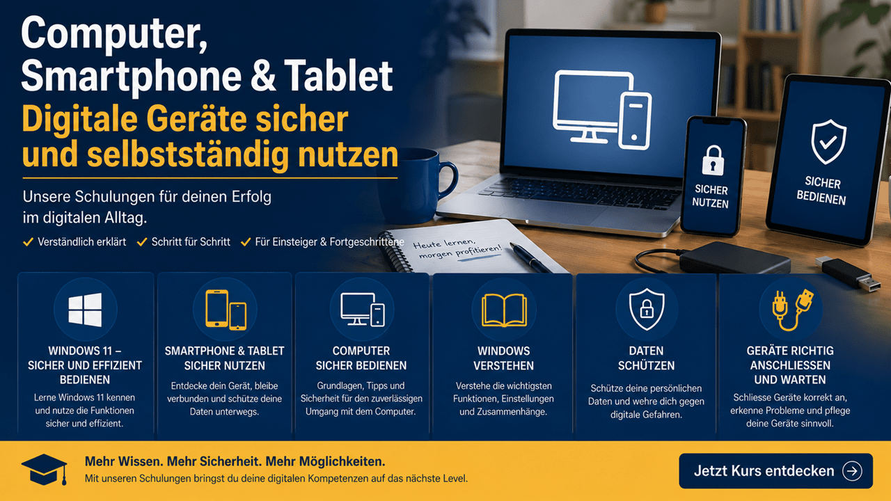 Hero-Banner für die Schulungen „Computer, Smartphone & Tablet“ mit Laptop, Smartphone und Tablet. Vorgestellt werden die sechs Kurse Windows 11 sicher und effizient bedienen, Smartphone & Tablet sicher nutzen, Computer sicher bedienen, Windows verstehen, Daten schützen sowie Geräte richtig anschliessen und warten.