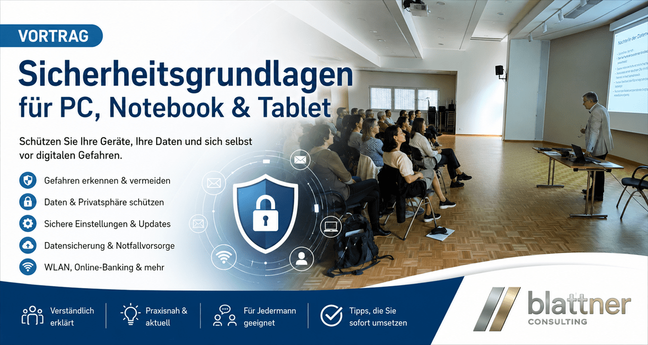 Banner zum Vortrag ‹Sicherheitsgrundlagen für PC, Notebook & Tablet› mit Seminarfoto eines Referenten vor Publikum, Symbolgrafik eines Sicherheitsschlosses sowie Hinweisen zu Datenschutz, Virenschutz, Datensicherung und sicherer Internetnutzung. Blattner Consulting Logo unten rechts.