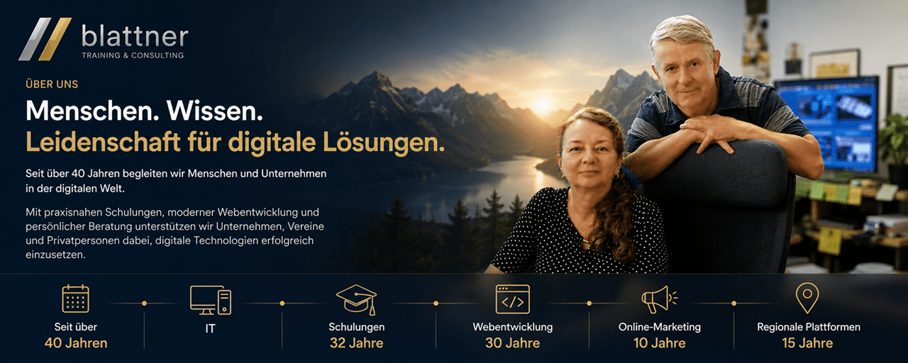 Über uns Menschen. Wissen. Leidenschaft für digitale Lösungen. Seit über 40 Jahren begleiten wir Menschen und Unternehmen in der digitalen Welt. Mit praxisnahen Schulungen, moderner Webentwicklung und persönlicher Beratung unterstützen wir Unternehmen, Vereine und Privatpersonen dabei, digitale Technologien erfolgreich einzusetzen.