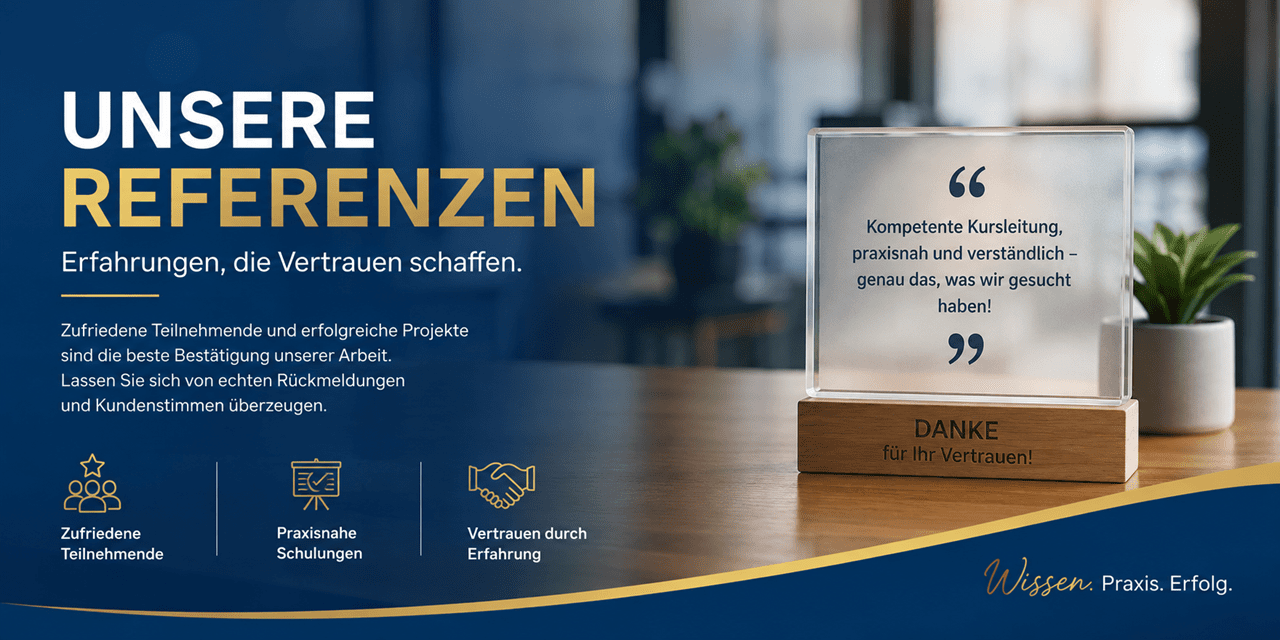 Hero-Banner der Webseite «Unsere Referenzen» von Blattner Training & Consulting. Links befindet sich die Überschrift «Unsere Referenzen – Erfahrungen, die Vertrauen schaffen». Rechts steht ein hochwertiger Aufsteller mit einem positiven Kundenzitat über eine kompetente, praxisnahe und verständliche Kursleitung auf einem Holzsockel mit der Aufschrift «Danke für Ihr Vertrauen!». Der moderne Hintergrund in Blau- und Goldtönen symbolisiert Vertrauen, Qualität und erfolgreiche IT-Schulungen.
