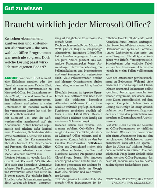 Fachartikel in Elgger/Aadorfer Zeitung 11. August 2026 über das Thema "Braucht wirklich jeder Microsoft Office?"