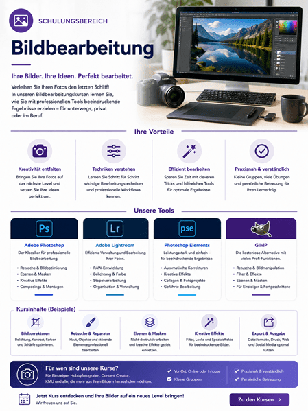 Infografik zum Thema „Bildbearbeitung“ aus dem Schulungsbereich. Im oberen Teil ist ein moderner Arbeitsplatz mit einer Spiegelreflexkamera, einem Grafiktablett und einem großen Monitor mit einem Bildbearbeitungsprogramm zu sehen. Darunter gliedert sich die Grafik in strukturierte Abschnitte zu den Vorteilen, den gelehrten Tools („Adobe Photoshop“, „Adobe Lightroom“, „Photoshop Elements“ und „GIMP“), den Kursinhalten sowie den Zielgruppen wie Hobbyfotografen und Content Creator.