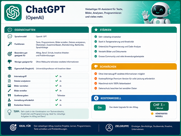 Übersicht über ChatGPT (OpenAI): Die Grafik zeigt die wichtigsten Eigenschaften, Funktionen, Stärken, Schwächen und das Preismodell des KI-Assistenten ChatGPT. Vorgestellt werden Text- und Bildgenerierung, Programmierung, Dokumentenanalyse, Übersetzungen, Internetrecherche, Sprachdialoge sowie die Einsatzgebiete für Beruf, Schule und Alltag. Zusätzlich enthält die Infografik Informationen zu Internetzugriff, Bild- und Dateiverarbeitung, Quellenangaben sowie zum günstigsten kostenpflichtigen Modell ChatGPT Go. Hinweis: Die Preisangaben entsprechen dem Stand Juli 2026 und können sich jederzeit ändern.