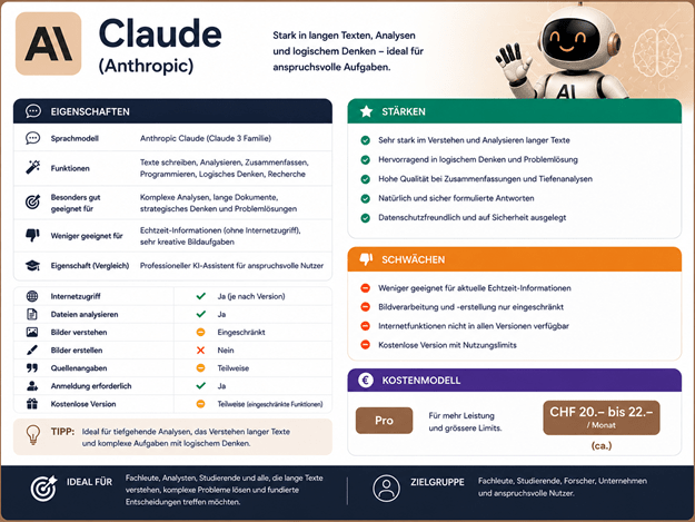 Übersicht über Claude (Anthropic): Die Grafik zeigt Funktionen, Eigenschaften, Stärken, Schwächen und das Preismodell des KI-Assistenten Claude. Beschrieben werden unter anderem Textgenerierung, Zusammenfassungen, Programmierung, logisches Denken, Dokumentenanalyse, Internetzugriff sowie die Einsatzgebiete für Fachleute, Unternehmen, Studierende und alle, die komplexe Aufgaben mit künstlicher Intelligenz lösen möchten. Hinweis: Die Preisangaben entsprechen dem Stand Juli 2026 und können sich jederzeit ändern.
