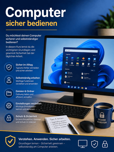 Titelbild zum Kurs „Computer sicher bedienen“ mit Desktop-Computer und Windows-11-Oberfläche. Thematisiert werden sicheres Arbeiten, selbstständige Bedienung, Dateien und Ordner, wichtige Einstellungen sowie Schutz und Sicherheit.
