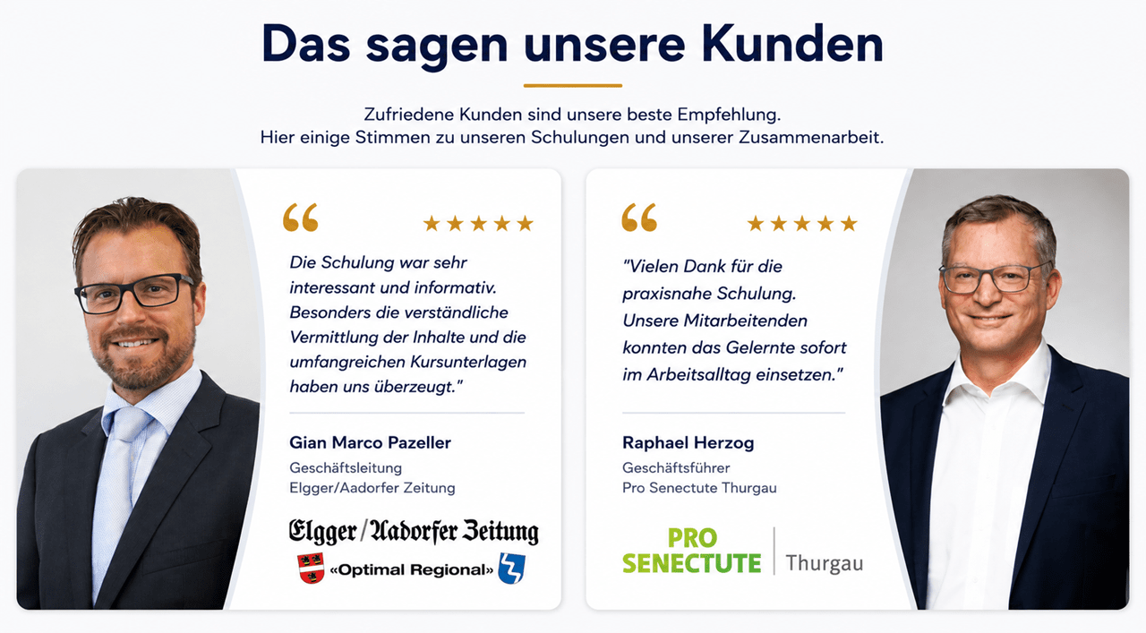 Kundenstimmen mit Portraits und Bewertungen von Gian Marco Pazeller (Elgger/Aadorfer Zeitung) und Raphael Herzog (Pro Senectute Thurgau), die die praxisnahen Schulungen, verständliche Wissensvermittlung und den nachhaltigen Lernerfolg von Blattner Training & Consulting hervorheben.