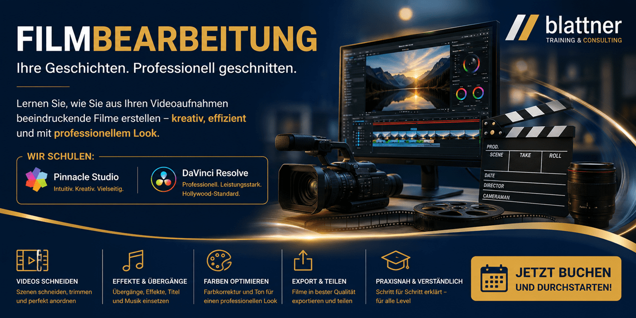 Modernes Werbebanner im Blau-Gold-Design von Blattner Training & Consulting mit der grossen Überschrift „FILMBEARBEITUNG“ und dem Slogan „Ihre Geschichten. Professionell geschnitten.“. Das Banner bewirbt praxisnahe Schulungen für die Videobearbeitung mit den Programmen Pinnacle Studio und DaVinci Resolve. Auf der linken Seite wird erläutert, dass Teilnehmende lernen, aus ihren Videoaufnahmen beeindruckende Filme zu erstellen – kreativ, effizient und mit professionellem Look. Darunter werden die beiden Schulungsprogramme vorgestellt: Pinnacle Studio als intuitive und vielseitige Lösung sowie DaVinci Resolve als leistungsstarke Software für professionelle Videobearbeitung und Farbkorrektur. Die rechte Bildhälfte zeigt einen modernen Arbeitsplatz für die Videoproduktion mit einem grossen Monitor, auf dem eine professionelle Videoschnittsoftware geöffnet ist. Vor dem Bildschirm stehen eine Videokamera, eine Filmklappe, eine Filmrolle, ein Mikrofon und ein Kameraobjektiv. Die Szene vermittelt einen hochwertigen Eindruck moderner Filmproduktion und unterstreicht den praxisorientierten Unterricht. Im unteren Bereich werden die wichtigsten Lerninhalte mit Symbolen dargestellt: Videos schneiden, Effekte und Übergänge einsetzen, Farben optimieren, Filme exportieren und teilen sowie praxisnahes und verständliches Arbeiten Schritt für Schritt. Rechts unten befindet sich ein auffälliger goldener Button „Jetzt buchen und durchstarten!“. Das Logo von Blattner Training & Consulting ist rechts oben platziert. Das moderne Blau-Gold-Design mit dynamischen Lichteffekten vermittelt Kreativität, Professionalität und die Freude am Filmemachen.