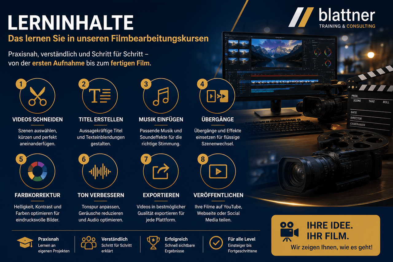 Modernes Werbebild im Blau-Gold-Design von Blattner Training & Consulting mit der grossen Überschrift „Lerninhalte – Das lernen Sie in unseren Filmbearbeitungskursen“. Die Grafik zeigt übersichtlich die wichtigsten Themen einer praxisnahen Schulung zur Videobearbeitung – von der ersten Aufnahme bis zum fertigen Film. Auf der linken Seite werden die acht zentralen Lerninhalte mit nummerierten Symbolen dargestellt: Videos schneiden – Szenen auswählen, kürzen und professionell anordnen. Titel erstellen – Texte, Bauchbinden und Einblendungen wirkungsvoll gestalten. Musik einfügen – Musik und Soundeffekte passend in Videos integrieren. Übergänge – Übergänge und Effekte für flüssige Szenenwechsel einsetzen. Farbkorrektur – Helligkeit, Kontrast und Farben für hochwertige Ergebnisse optimieren. Ton verbessern – Sprachaufnahmen und Hintergrundgeräusche optimieren. Exportieren – Filme in der gewünschten Qualität für verschiedene Geräte und Plattformen ausgeben. Veröffentlichen – Videos für YouTube, Webseiten oder Social Media bereitstellen. Die rechte Bildhälfte zeigt einen professionellen Arbeitsplatz für die Videobearbeitung mit einem grossen Monitor, auf dem eine moderne Videoschnittsoftware geöffnet ist. Davor befinden sich eine Videokamera, eine Filmklappe, eine Filmrolle sowie weiteres Kameraequipment, die den praktischen Bezug der Schulung unterstreichen. Im unteren Bereich werden die Vorteile der Schulung hervorgehoben: Praxisnah, verständlich, erfolgreich und für alle Level – vom Einsteiger bis zum Fortgeschrittenen. Rechts unten befindet sich ein goldener Call-to-Action mit dem Slogan „Ihre Idee. Ihr Film. Wir zeigen Ihnen, wie es geht!“. Das Logo von Blattner Training & Consulting ist oben rechts platziert. Das moderne Blau-Gold-Design vermittelt Professionalität, Kreativität und den strukturierten Aufbau der Filmbearbeitungsschulungen.