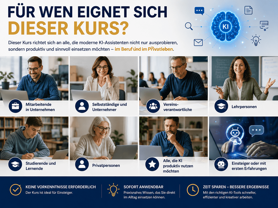 Infografik zum Kurs «KI-Assistenten im Alltag erfolgreich einsetzen». Die Darstellung zeigt die verschiedenen Zielgruppen der praxisnahen Weiterbildung: Mitarbeitende in Unternehmen, Selbstständige und Unternehmer, Vereinsverantwortliche, Lehrpersonen, Studierende, Lernende sowie Privatpersonen. Der Kurs eignet sich sowohl für Einsteiger als auch für Personen mit ersten Erfahrungen im Umgang mit ChatGPT, Google Gemini, Perplexity AI und Apertus AI. Die Teilnehmenden lernen, moderne KI-Assistenten produktiv im Berufs- und Privatalltag einzusetzen, Zeit zu sparen und bessere Ergebnisse zu erzielen.