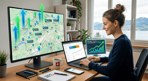 Person arbeitet am Laptop, daneben steigende Suchergebnisse und Standort-Markierungen auf einer Karte der Schweiz Zeigt: Suchmaschinenoptimierung Lokale SEO Auffindbarkeit Bessere Rankings Vorteil: Modern, verständlich und professionell.