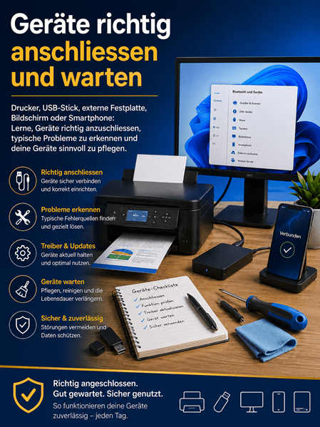 Titelbild zum Kurs „Geräte richtig anschliessen und warten“ mit Monitor, Drucker, Smartphone, externer Festplatte und USB-Zubehör. Im Fokus stehen das korrekte Anschliessen, die Fehlersuche, Treiber und Updates, die Pflege der Geräte sowie ein sicherer und zuverlässiger Betrieb.