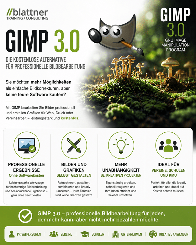 Infografik zu GIMP 3.0 als kostenlose Alternative für professionelle Bildbearbeitung. Darstellung des GIMP-Maskottchens mit Pinsel und einer Naturaufnahme mit Pilzen. Die Grafik zeigt die Vorteile: professionelle Ergebnisse ohne Softwarekosten, Bilder und Grafiken selbst gestalten, mehr Unabhängigkeit bei kreativen Projekten sowie Eignung für Privatpersonen, Vereine, Schulen, Unternehmen und kreative Anwender.