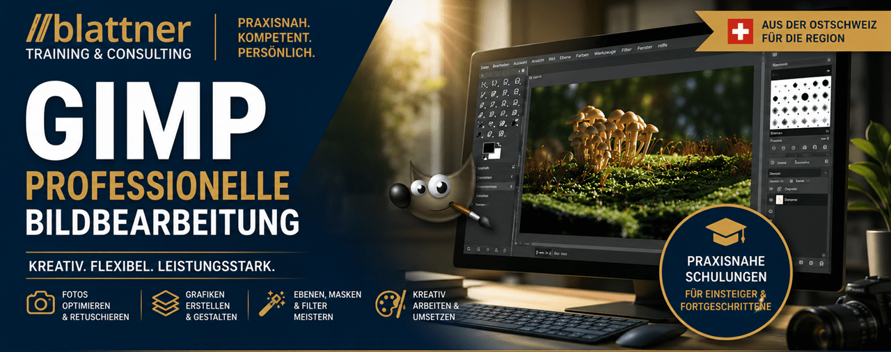 Hero-Banner für die GIMP-Schulung von Blattner Training & Consulting. Professionelle Bildbearbeitung mit GIMP lernen – Fotos optimieren, Bilder retuschieren, Grafiken gestalten sowie Ebenen, Masken und Filter anwenden. Praxisnahe Schulungen für Privatpersonen, Unternehmen, Vereine und Schulen – vor Ort, online oder als individuelle Firmenschulung.