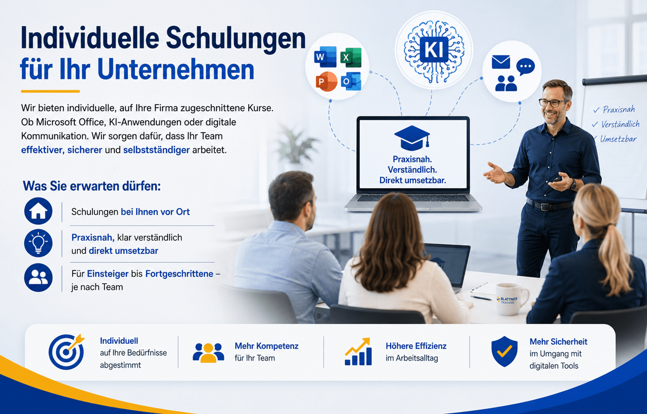 Modernes Banner für individuelle Informatikschulungen für Unternehmen von Blattner Training & Consulting. Im Mittelpunkt steht ein Trainer, der Mitarbeitende in einer modernen Schulungsumgebung unterrichtet. Das Banner zeigt die Themen Microsoft Office, Künstliche Intelligenz (KI) und digitale Kommunikation sowie einen Laptop mit dem Hinweis „Praxisnah. Verständlich. Direkt umsetzbar.“ Hervorgehoben werden individuell auf Unternehmen zugeschnittene Kurse, Schulungen vor Ort, praxisnahe und verständliche Wissensvermittlung sowie Angebote für Einsteiger bis Fortgeschrittene. Im unteren Bereich werden die Vorteile individuell abgestimmte Schulungen, mehr Kompetenz für das Team, höhere Effizienz im Arbeitsalltag und mehr Sicherheit im Umgang mit digitalen Tools dargestellt. Das moderne Design in den Unternehmensfarben Blau, Gold und Weiss vermittelt Professionalität, Kompetenz und nachhaltigen Lernerfolg.