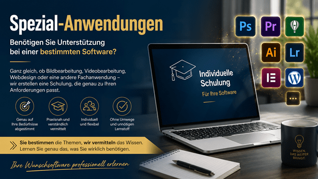 Werbebanner zum Thema „Spezial-Anwendungen“. Links steht die Überschrift „Spezial-Anwendungen“ mit dem Hinweis auf individuelle Schulungen für bestimmte Software. Darunter wird erklärt, dass massgeschneiderte Schulungen für Bildbearbeitung, Videobearbeitung, Webdesign und weitere Fachanwendungen angeboten werden. Vier Symbole heben die Vorteile hervor: auf individuelle Bedürfnisse abgestimmt, praxisnah und verständlich, flexibel sowie ohne unnötigen Lernstoff. Ein goldener Hervorhebungsbalken betont: „Sie bestimmen die Themen, wir vermitteln das Wissen.“ Rechts ist ein moderner Arbeitsplatz mit Laptop zu sehen. Auf dem Bildschirm steht „Individuelle Schulung – Für Ihre Software“. Daneben sind verschiedene Software-Symbole wie Adobe Photoshop, Premiere Pro, Illustrator, Lightroom, CorelDRAW, Elementor und WordPress sowie ein Platzhalter für weitere Anwendungen dargestellt. Im Vordergrund befinden sich ein Notizblock, ein Stift und eine Kaffeetasse mit der Aufschrift „Wissen, das weiter bringt“. Das Design ist in Dunkelblau und Gold gehalten und vermittelt einen modernen, professionellen Eindruck.