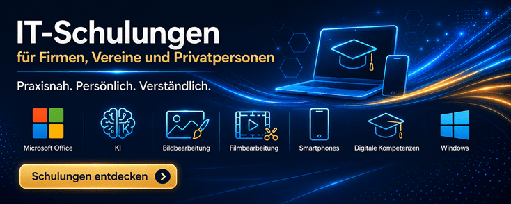 Modernes Werbebanner für IT-Schulungen von Blattner Training & Consulting mit dunkelblauem Hightech-Hintergrund, leuchtenden Lichtlinien und digitalen Symbolen. Im Mittelpunkt stehen die Überschrift „IT-Schulungen für Firmen, Vereine und Privatpersonen“ sowie der Slogan „Praxisnah. Persönlich. Verständlich.“. Darunter werden die Themen Microsoft Office, KI, Bildbearbeitung, Filmbearbeitung, Smartphones, Digitale Kompetenzen und Windows mit modernen Symbolen dargestellt. Ein auffälliger goldener Button „Schulungen entdecken“ lädt zur Kontaktaufnahme und zum Erkunden des Kursangebots ein. Das Design vermittelt Innovation, Professionalität und praxisorientierte Weiterbildung.
