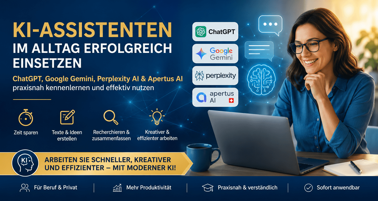Hero-Banner zum Kurs «KI-Assistenten im Alltag erfolgreich einsetzen». Moderne KI-Werkzeuge wie ChatGPT, Google Gemini, Perplexity AI und Apertus AI unterstützen beim Schreiben von Texten, Recherchieren, Entwickeln von Ideen und Erstellen professioneller Dokumente. Der praxisorientierte Kurs zeigt, wie Künstliche Intelligenz produktiv im Berufs- und Privatalltag eingesetzt wird.