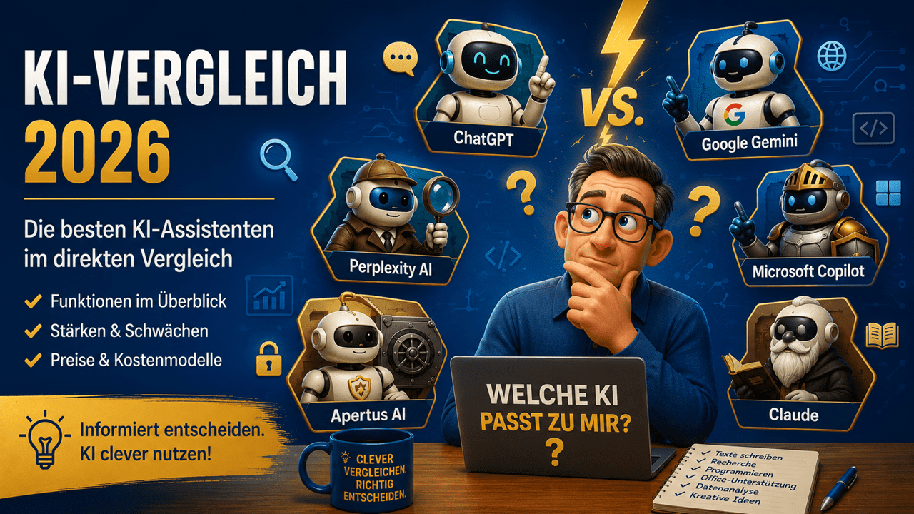 Hero-Banner zum KI-Vergleich 2026: Eine nachdenkliche Person sitzt vor einem Laptop und überlegt, welche künstliche Intelligenz die richtige ist. Rundherum sind humorvoll dargestellte Roboter für ChatGPT, Google Gemini, Perplexity AI, Apertus AI, Microsoft Copilot und Claude angeordnet. Das Banner in Blau- und Goldtönen veranschaulicht den Vergleich von Funktionen, Stärken, Schwächen, Preisen und Einsatzgebieten verschiedener KI-Assistenten.