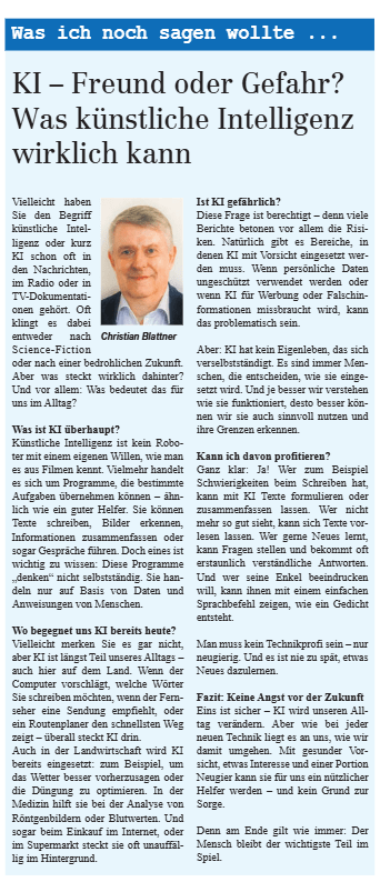 Abbildung Veröffentlichung (KI - Freund oder Gefahr? Was künstliche Intelligenz wirklich kann) Elgger/Aadorfer Zeitung 15.05.2025