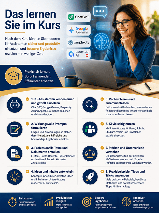 Infografik zum Kurs «KI-Assistenten im Alltag erfolgreich einsetzen». Dargestellt werden die wichtigsten Kursinhalte: moderne KI-Assistenten wie ChatGPT, Google Gemini, Perplexity AI und Apertus AI kennenlernen, präzise Prompts formulieren, professionelle Texte und Dokumente erstellen, kreative Ideen entwickeln, Informationen recherchieren und zusammenfassen sowie die Stärken der einzelnen KI-Systeme gezielt für Beruf, Schule, Studium und Privatleben nutzen. Zahlreiche Praxisbeispiele, Tipps und Tricks ermöglichen einen sofortigen Einstieg in den produktiven Einsatz von Künstlicher Intelligenz.