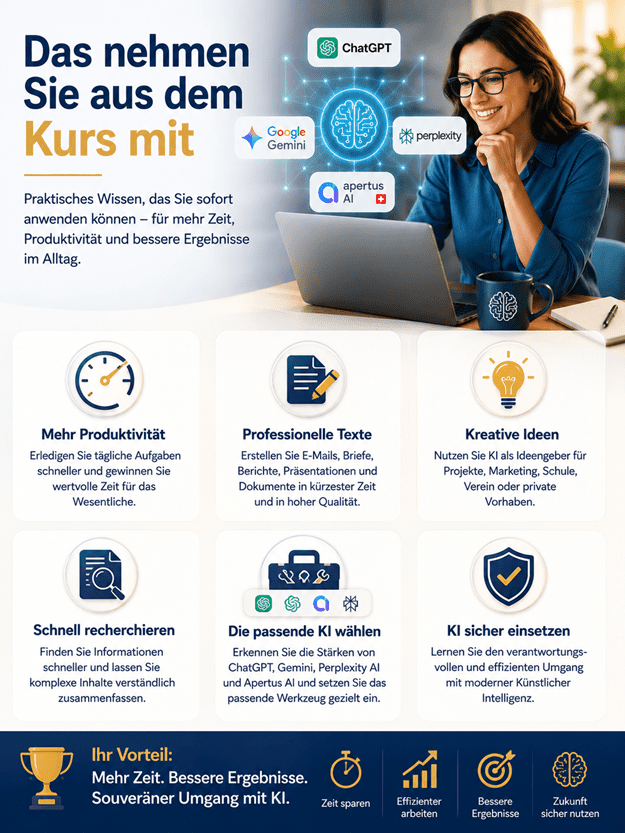 Infografik zum Kurs «KI-Assistenten im Alltag erfolgreich einsetzen». Dargestellt werden die wichtigsten Lernergebnisse der Schulung: tägliche Aufgaben schneller erledigen, professionelle E-Mails, Briefe, Berichte und Präsentationen erstellen, kreative Ideen mit ChatGPT, Google Gemini, Perplexity AI und Apertus AI entwickeln, Informationen effizient recherchieren und zusammenfassen, für jede Aufgabe den passenden KI-Assistenten auswählen sowie Künstliche Intelligenz sicher, verantwortungsvoll und produktiv im Berufs- und Privatalltag einsetzen. Die praxisorientierte Weiterbildung vermittelt sofort anwendbares Wissen für mehr Effizienz, bessere Ergebnisse und einen souveränen Umgang mit moderner KI.