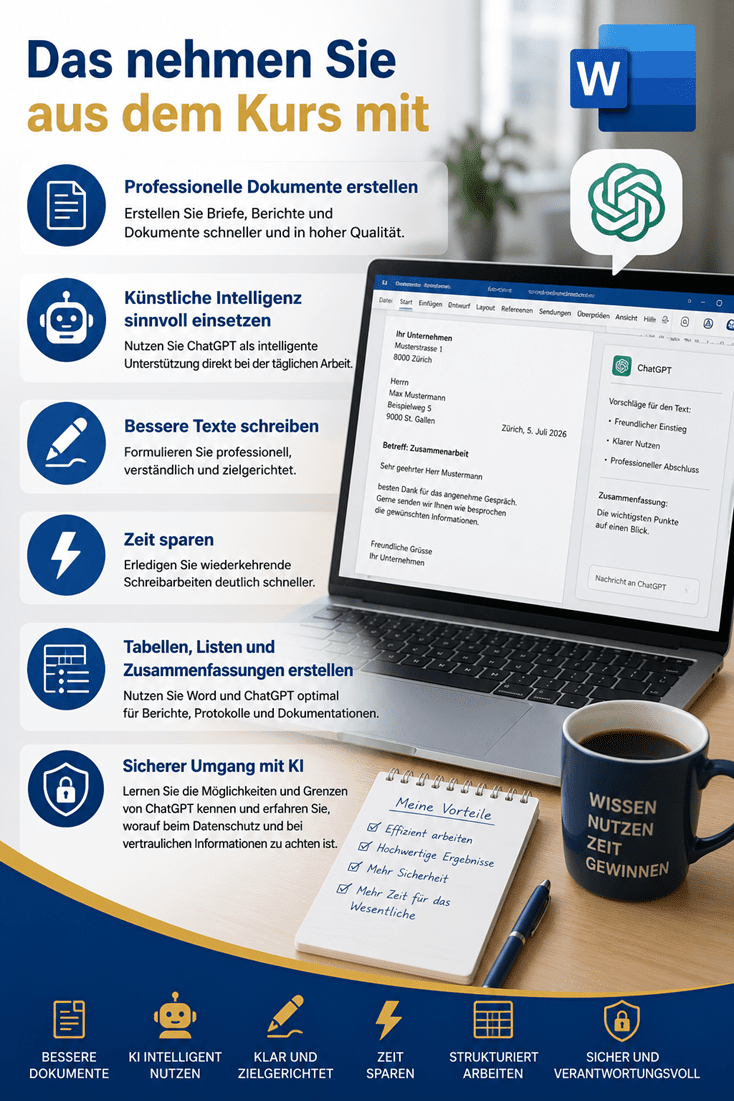 Infografik zum Kurs «Microsoft Word & ChatGPT». Ein moderner Arbeitsplatz mit Laptop, auf dem Microsoft Word und ChatGPT geöffnet sind, symbolisiert die intelligente Unterstützung beim Schreiben. Links werden die wichtigsten Kursziele dargestellt: professionelle Dokumente erstellen, Künstliche Intelligenz sinnvoll einsetzen, bessere Texte schreiben, Zeit sparen, Tabellen, Listen und Zusammenfassungen erstellen sowie der sichere Umgang mit KI und Datenschutz. Die Gestaltung erfolgt im Corporate Design mit blauen und goldenen Akzenten und vermittelt effizientes, professionelles Arbeiten mit Microsoft Word und ChatGPT im Büroalltag.