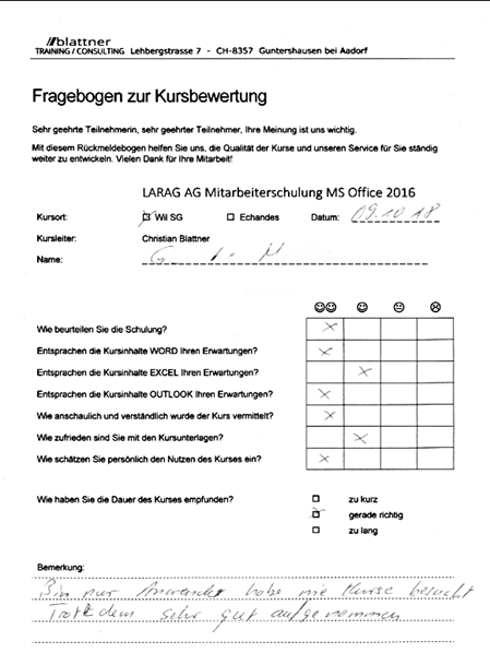 Larag AG Wil SG – Word, Excel und Outlook Schulungen – Kursbeurteilung Kursleiters Christian Blattner