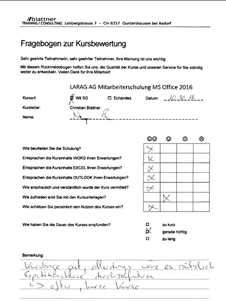Larag AG Wil SG – Word, Excel und Outlook Schulungen – Kursbeurteilung Kursleiters Christian Blattner
