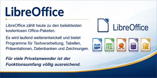 LibreOffice – kostenloses Office-Paket für Textverarbeitung, Tabellen, Präsentationen, Datenbanken und Zeichnungen. Moderne blau-goldene Infografik mit den LibreOffice-Anwendungen Writer, Calc, Impress, Base und Draw.
