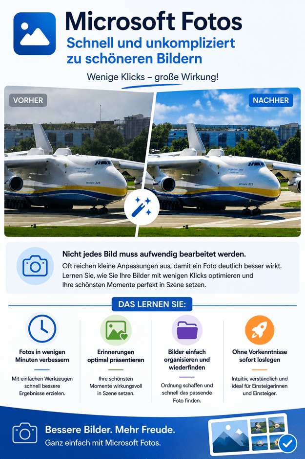 Infografik im Hochformat zu Microsoft Fotos mit dem Titel „Schnell und unkompliziert zu schöneren Bildern“. Eine Vorher-Nachher-Darstellung zeigt die Verbesserung eines Flugzeugfotos. Die Grafik vermittelt, dass sich Fotos mit wenigen Klicks optimieren lassen, und zeigt die Vorteile: Fotos schnell verbessern, Erinnerungen ansprechend präsentieren, Bilder einfach organisieren und ohne Vorkenntnisse starten. Abschluss: „Bessere Bilder. Mehr Freude. Ganz einfach mit Microsoft Fotos.“