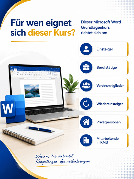 Infografik im hellen Unternehmensdesign in Blau, Gold und Weiss mit dem Titel ‹Für wen eignet sich dieser Kurs?›. Links sind das Microsoft Word-Logo, ein Laptop mit geöffnetem Word-Dokument, ein Notizblock, ein Kugelschreiber und eine Zimmerpflanze auf einem Schreibtisch zu sehen. Rechts werden die Zielgruppen des Microsoft Word Grundlagenkurses übersichtlich dargestellt: Einsteiger, Berufstätige, Vereinsmitglieder, Wiedereinsteiger, Privatpersonen und Mitarbeitende in KMU. Modernes, freundliches Layout im Hochformat 3:4.