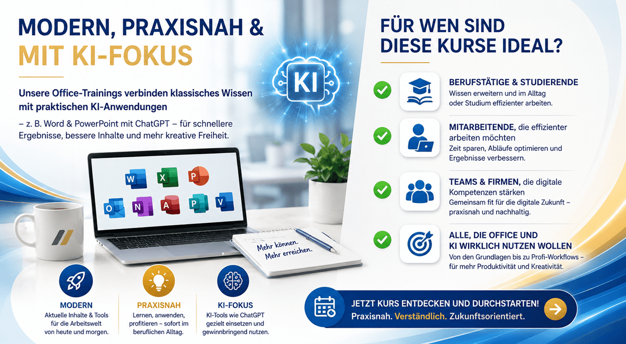 Modernes Banner von Blattner Training & Consulting mit dem Titel „Modern, praxisnah & mit KI-Fokus“. Das Motiv zeigt ein Notebook mit den Microsoft-Office-Anwendungen Word, Excel, PowerPoint, Outlook, OneNote, Access, Publisher und Visio sowie ein leuchtendes KI-Symbol als Verbindung zwischen Office und künstlicher Intelligenz. Der linke Bereich erklärt den praxisnahen Einsatz von KI, beispielsweise mit ChatGPT in Word und PowerPoint. Rechts wird die Zielgruppe der Kurse hervorgehoben: Berufstätige und Studierende, Mitarbeitende, Teams und Firmen sowie alle, die Office und KI effizient nutzen möchten. Im unteren Bereich werden die Vorteile moderne Inhalte, praxisnahe Schulungen und KI-gestütztes Arbeiten sowie ein Call-to-Action zur Kursanfrage dargestellt. Das helle Design in den Unternehmensfarben Blau, Gold und Weiss vermittelt Innovation, Kompetenz und zukunftsorientierte Weiterbildung.
