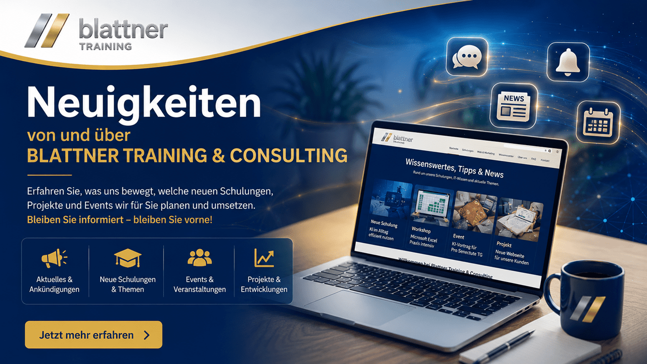 Hero-Banner «Neuigkeiten von und über Blattner Training & Consulting». Abgebildet sind ein Laptop mit aktuellen Beiträgen, Symbole für News, Termine und Kommunikation sowie ein modernes Büroambiente. Das Banner informiert über neue IT-Schulungen, Projekte, Veranstaltungen und Unternehmensneuigkeiten.