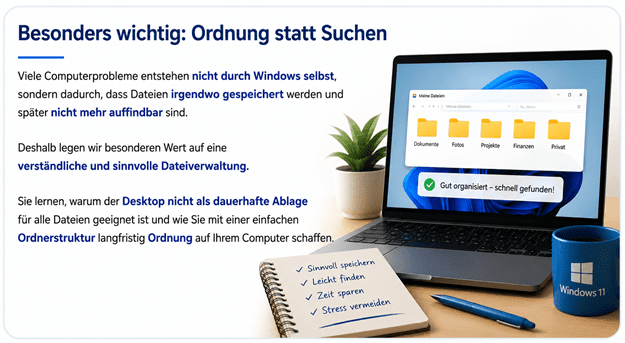 Infografik „Besonders wichtig: Ordnung statt Suchen“ zur Dateiverwaltung unter Windows 11. Dargestellt sind eine übersichtliche Ordnerstruktur auf einem Laptop mit den Bereichen Dokumente, Fotos, Projekte, Finanzen und Privat. Die Grafik zeigt, dass sinnvoll gespeicherte Dateien leichter wiederzufinden sind und langfristig für mehr Ordnung, Zeitersparnis und weniger Stress sorgen.