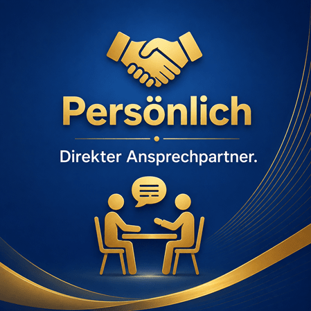 Persönliche Schulungen in Blau und Gold mit Handschlag-Symbol und persönlichem Beratungsgespräch. Die Botschaft: „Persönlich – Direkter Ansprechpartner.“
