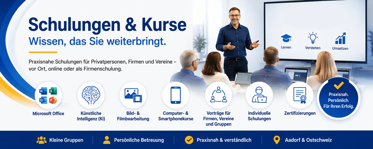 Modernes Seitenbanner von Blattner Training & Consulting mit dem Titel „Schulungen & Kurse – Wissen, das Sie weiterbringt.“ Im Mittelpunkt steht ein Trainer, der eine Gruppe von Teilnehmenden in einer modernen Schulungsumgebung unterrichtet. Das Banner präsentiert die Schulungsbereiche Microsoft Office, Künstliche Intelligenz (KI), Bild- und Filmbearbeitung, Computer- und Smartphonekurse, Vorträge für Firmen, Vereine und Gruppen, Individuelle Schulungen sowie Zertifizierungen. Im unteren Bereich werden die Vorteile kleine Gruppen, persönliche Betreuung, praxisnahe und verständliche Schulungen sowie der regionale Bezug Aadorf & Ostschweiz hervorgehoben. Das helle Design in den Unternehmensfarben Blau, Gold und Weiss vermittelt Kompetenz, moderne Weiterbildung und persönliche Lernbegleitung.