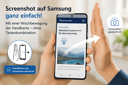 Blattner Training - Wissenscenter: Samsung-Smartphone mit aktivierter Screenshot-Funktion durch Handflächen-Wischgeste. Eine Hand wischt seitlich über das Display, während Grafiken und Symbole die einfache Screenshot-Erstellung ohne Tastenkombination veranschaulichen.