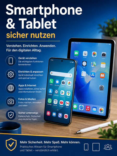 Titelbild zum Kurs „Smartphone & Tablet – sicher nutzen“ mit Smartphone und Tablet, ergänzt durch die Themen Geräte verstehen, einrichten und anpassen, Apps und Internet, Fotos und Medien sowie Sicherheit und Datenschutz.