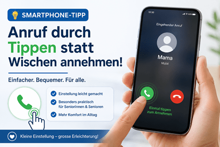 Titelbild zum Smartphone-Tipp «Anruf durch Tippen statt Wischen annehmen». Eine Person hält ein Smartphone mit einem eingehenden Anruf und tippt auf die grüne Annehmen-Taste. Das Bild zeigt, wie sich Anrufe durch einfaches Antippen statt Wischen annehmen lassen. Ergänzend werden die Vorteile der Einstellung hervorgehoben: einfache Aktivierung, besonders praktisch für Seniorinnen und Senioren sowie mehr Komfort im Alltag.