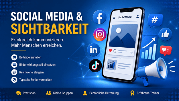 Werbebanner zum Thema „Social Media & Sichtbarkeit“. Links steht die Überschrift „SOCIAL MEDIA & SICHTBARKEIT“ mit dem Untertitel „Erfolgreich kommunizieren. Mehr Menschen erreichen.“ Darunter werden die wichtigsten Schulungsinhalte aufgeführt: Beiträge erstellen, Bilder wirkungsvoll einsetzen, Reichweite steigern und typische Fehler vermeiden. Rechts ist ein modernes Smartphone mit einer stilisierten Social-Media-Oberfläche zu sehen. Rund um das Smartphone befinden sich die Logos von Facebook, Instagram, LinkedIn und TikTok sowie Symbole für Hashtags, Likes, Benachrichtigungen, Reichweitenwachstum und Interaktionen. Ein Megafon steht sinnbildlich für wirkungsvolle Kommunikation und Marketing. Am unteren Rand werden die Vorteile der Schulungen hervorgehoben: praxisnah, kleine Gruppen, persönliche Betreuung und erfahrene Trainer. Das moderne Design in Blau-, Weiss- und Goldtönen vermittelt Professionalität, digitale Kompetenz und erfolgreiche Social-Media-Kommunikation.