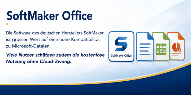 Alt-Text: SoftMaker Office – Office-Paket mit hoher Kompatibilität zu Microsoft-Dateien und klassischer Nutzung ohne Cloud-Zwang. Breitbild-Infografik mit Symbolen für Textverarbeitung, Tabellen und Präsentationen im blau-goldenen Design.