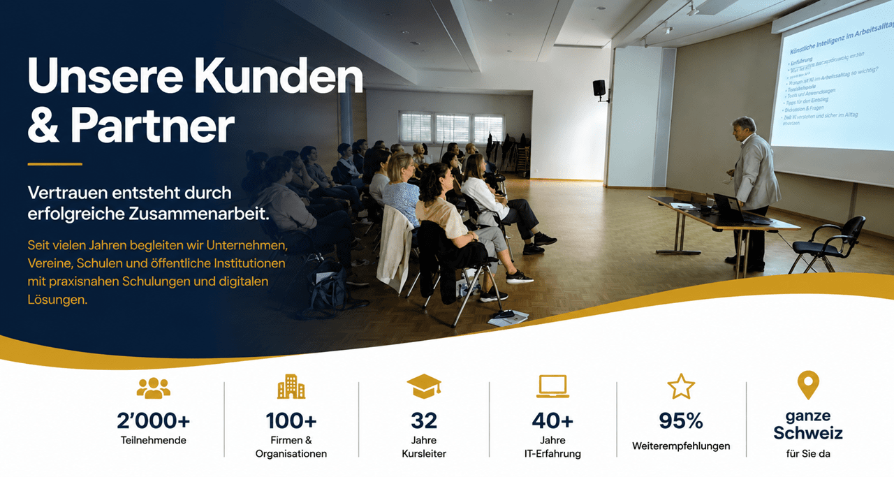 Titelbanner „Unsere Kunden & Partner“ mit einer praxisnahen Firmenschulung von Blattner Training & Consulting. Das Bild steht für erfolgreiche Zusammenarbeit mit Unternehmen, Vereinen, Schulen und öffentlichen Institutionen sowie für individuelle IT-, Microsoft Office- und KI-Schulungen.