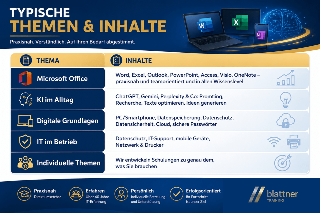 Modern gestaltete Infografik im Blau-Gold-Design von Blattner Training & Consulting mit dem Titel „Typische Themen & Inhalte“. Im oberen Bereich sind Symbole für Microsoft Office, künstliche Intelligenz und digitale Technologien dargestellt. Darunter zeigt eine übersichtliche Tabelle die wichtigsten Schulungsthemen und deren Inhalte. Behandelt werden Microsoft Office mit Word, Excel, Outlook, PowerPoint, Access, Visio und OneNote, KI im Alltag mit ChatGPT, Gemini, Perplexity, Prompting, Recherche und Texterstellung, Digitale Grundlagen wie PC, Smartphone, Datenschutz, Datensicherheit, Cloud und sichere Passwörter, IT im Betrieb mit IT-Support, mobilen Geräten, Netzwerken und Druckern sowie individuell auf Kunden zugeschnittene Schulungen. Jedes Thema wird durch passende Symbole ergänzt und in einem modernen Kartenlayout präsentiert. Im unteren Bereich werden die Vorteile Praxisnah, Über 40 Jahre IT-Erfahrung, Persönliche Betreuung und Erfolgsorientiert hervorgehoben. Rechts unten befindet sich das Logo von Blattner Training & Consulting. Die Grafik vermittelt einen professionellen, modernen und kundenorientierten Eindruck der angebotenen Schulungsthemen.