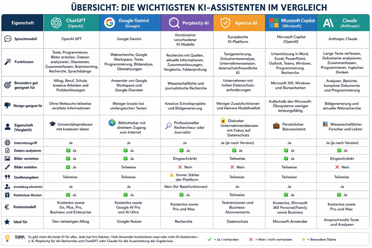 Vergleich der wichtigsten KI-Assistenten 2026: ChatGPT, Google Gemini, Perplexity AI, Apertus AI, Microsoft Copilot und Claude im direkten Vergleich. Die Tabelle zeigt Funktionen, Anwendungsbereiche, Stärken, Schwächen, Bild- und Dateiverarbeitung, Internetzugriff, Quellenangaben, kostenlose Versionen und Kostenmodelle und hilft bei der Auswahl der passenden künstlichen Intelligenz.