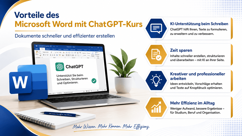 Informationsgrafik zum Kurs ‹Microsoft Word mit ChatGPT – Dokumente schneller und effizienter erstellen›. Der Kurs vermittelt den professionellen Einsatz von ChatGPT in Microsoft Word zur Texterstellung, Überarbeitung, Strukturierung und Optimierung von Dokumenten. Themen sind KI-gestütztes Schreiben, Zeitersparnis, höhere Produktivität und effizientes Arbeiten mit Microsoft Word im Berufsalltag.