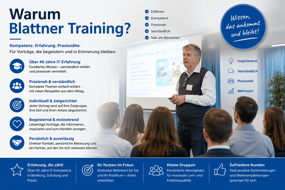 Infografik „Warum Blattner Training?“ mit den Schwerpunkten über 40 Jahre IT-Erfahrung, Kompetenz, Praxisnähe, verständliche Wissensvermittlung, individuelle und zielgerichtete Schulungen, persönliche Betreuung sowie zuverlässige Beratung. Rechts ist ein Trainer bei einem Vortrag vor einer Gruppe von Teilnehmenden zu sehen. Ergänzend werden die Vorteile „Erfahren“, „Kompetent“, „Praxisnah“, „Verständlich“ und „Nah am Menschen“ sowie „Kleine Gruppen“ und „Zufriedene Kunden“ hervorgehoben.