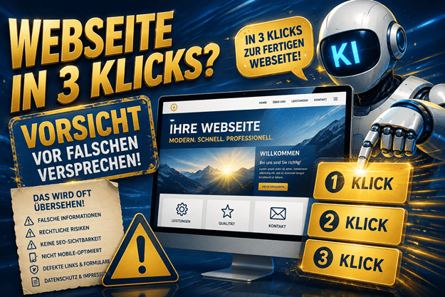 Webseite mit KI in drei Klicks? Warnendes Titelbild in Blau und Gold mit KI-Roboter, Computerbildschirm und drei Klick-Schaltflächen. Hinweis auf falsche Versprechen bei der Webseitenerstellung mit KI sowie Risiken wie falsche Informationen, rechtliche Probleme, fehlende SEO-Sichtbarkeit, mangelnde Mobile-Optimierung und Datenschutz.