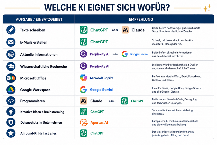 Vergleich der besten KI-Assistenten nach Einsatzgebiet: Die Grafik zeigt, welche künstliche Intelligenz sich für Texte schreiben, E-Mails, aktuelle Informationen, wissenschaftliche Recherche, Microsoft Office, Google Workspace, Programmierung, kreative Ideen, Datenschutz und den allgemeinen Alltag am besten eignet. Verglichen werden ChatGPT, Google Gemini, Perplexity AI, Microsoft Copilot, Claude und Apertus AI.