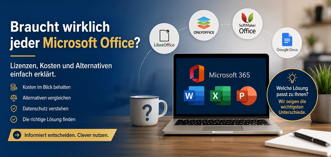 Modernes Hero-Banner in Blau- und Goldtönen mit der Überschrift „Braucht wirklich jeder Microsoft Office?“. Links werden die Themen Lizenzen, Kosten, Alternativen und Datenschutz hervorgehoben. Rechts steht ein Laptop mit Microsoft 365 sowie den Symbolen von Word, Excel und PowerPoint. Darüber sind die Logos von LibreOffice, ONLYOFFICE, SoftMaker Office und Google Docs als Alternativen angeordnet. Eine Kaffeetasse mit Fragezeichen sowie ein Hinweis „Welche Lösung passt zu Ihnen?“ unterstreichen den neutralen Vergleich verschiedener Office-Pakete.